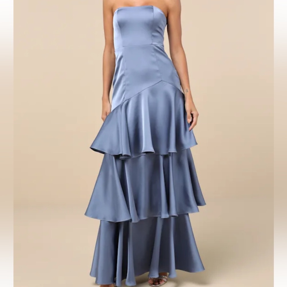 Strapless blue formal dress